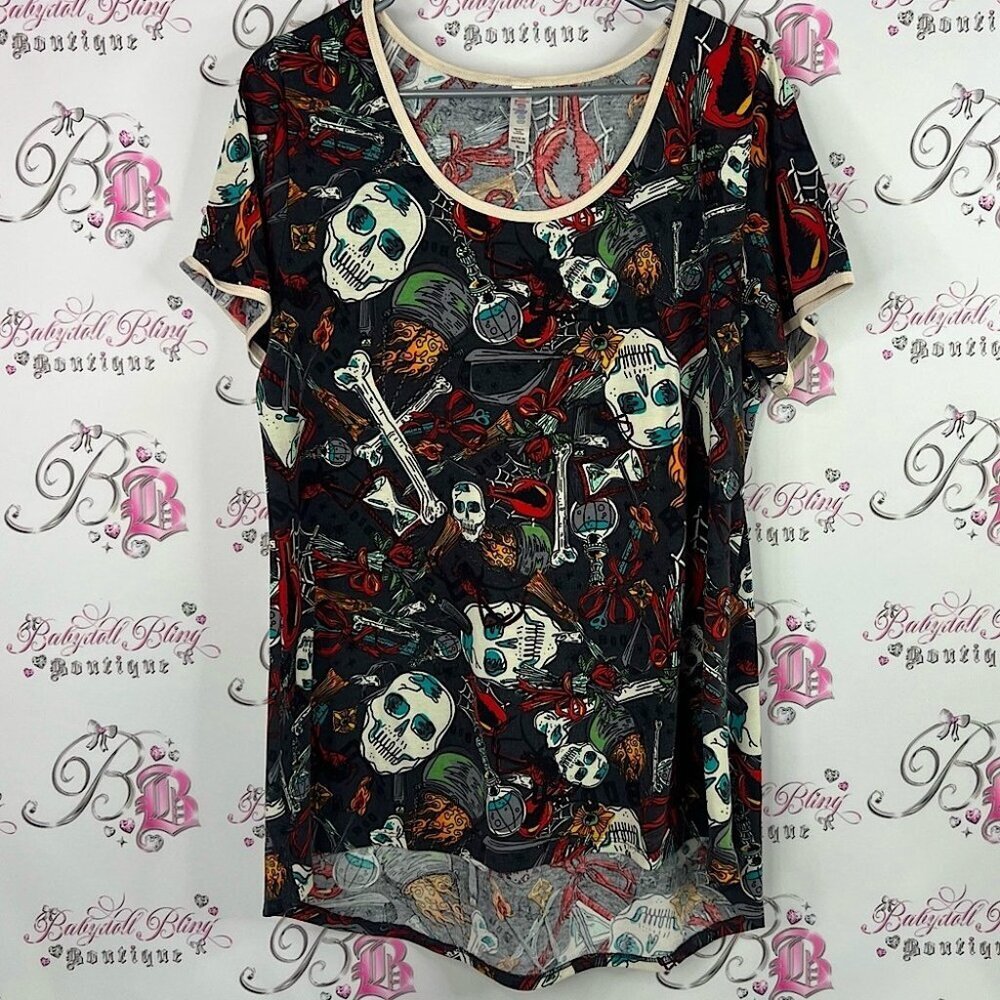 LuLaRoe tshirt top Skull and Crossbones Short Sleeve Top - Black and Red